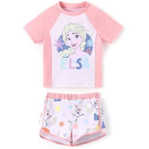 Disney Frozen Elsa Princess Girls Two Piece UPF 50+ Protection Quick-Dry Short Sleeve Swim Sets Rashguard Bathing Suit
