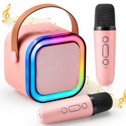 Mini Karaoke Machine with 2 Wireless Microphones for Kids and Adults, Bluetooth Speaker Toys, Christmas Girls Gift for Ages 3+ Years Old, Pink