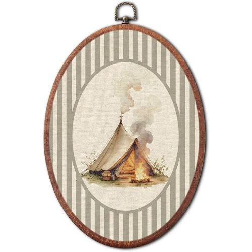 VALTRIXA Vintage Camping Tent Nursery Oval Wall Art, Retro Woodland Adventure Decor Wall Art Hanging Decor, Grey Striped Canvas Prints Framed for Bedroom Playroom Decoration, 8.6x11.4 Inch