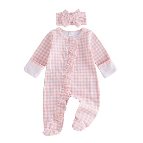 BULINGNA Newborn Baby Girl Outfit Gingham Footed Jumpsuit with Headband Set | Long Sleeve, Plaid, Ruffled, Footie with Zipper, Baby Girl Coming Home Outfit, Preemie Newborn Clothes with Headband