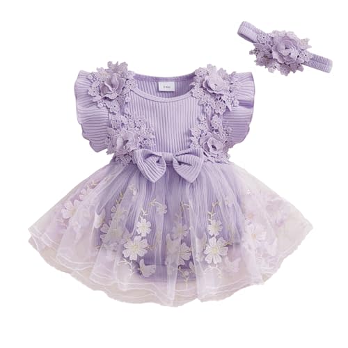 Douhoow Baby Girl Romper Dress Baby Dress Romper Flowers Lace Infant Girl Spring Summer Clothes with Headband
