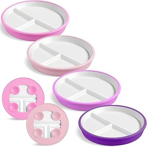 Domensi 4 Sets 8 Inch Kids Porcelain Plates with Silicone Suction Sleeve Antislip White Ceramic Divided Toddler Plates Microwave Dishwasher Safe for Baby Children Feeding Supplies (Purple,Pink)
