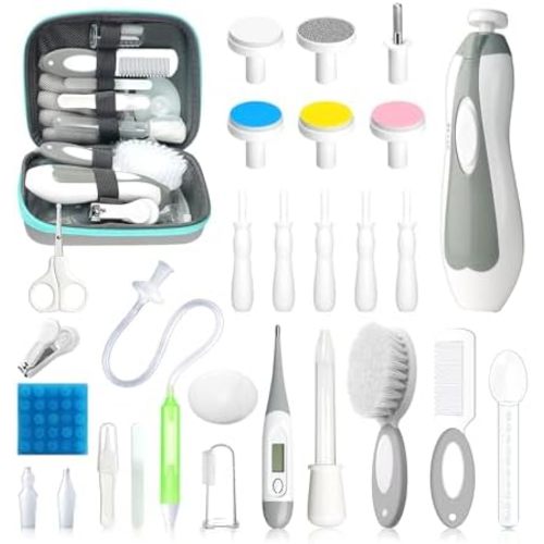 Baby Healthcare and Grooming Kit, 28 in 1 Portable Baby Essentials Kit Electric Nail Trimmer Set with Gas Relief Hair Brush Comb Nasal Aspirator for Newborn Boys Girls (Grey White)