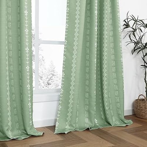 Sage Green Boho Cottage Core Curtains for Bedroom, Vintage Floral Cottagecore Pattern Semi Blackout Drapes, Light Green Farmhouse Style Window Panel for Living Room, 84 Inches Long
