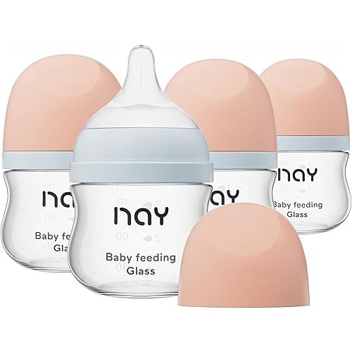 yanyoyo Natural Glass Baby Bottle Wide Neck, Newborn Anti-Colic Baby Bottle, Clear, 3oz(Pack of 4), Includes 4Pcs Slow Flow Nipple(SS), 0 Months+