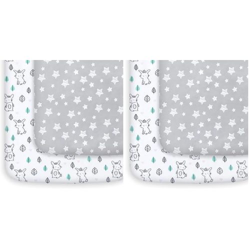Pack and Play Sheets, 4 Pack Mini Crib Sheets, Stretchy Playard Fitted Sheet, Compatible with Graco Pack n Play, Soft and Breathable Material, Stars & Bunny