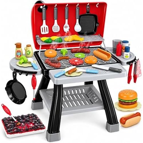 Kids Play Kitchen Toys, Kids BBQ Grill Kitchen Playset with Smoke, Sound & Light, Play Food Toys Cooking Set, 2-Layer Barbecue Outdoor Play Grill Toy Gift for Toddler Boys Girls 3-5