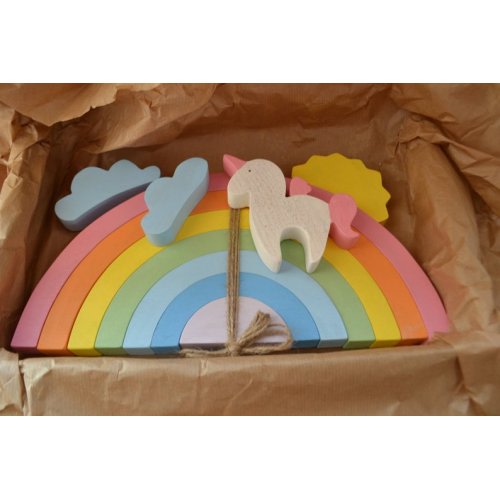 Wooden rainbow toy - Arcoiris - Arcobaleno - Regenbogen - Waldorf toy - Pastel rainbow stacker - Large rainbow - Rainbow unicorn        ,                     Rainbow, sun, clouds