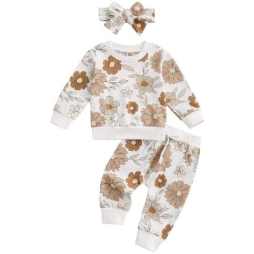 3Pcs Baby Girl Outfits Daisy Sweatshirt + Pants + Headband Infant Fall Winter Clothes