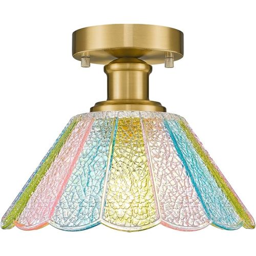 Semi Flush Mount Ceiling Light, HWH Modern Light Fixtures Ceiling Mount with Colored Floral Glass, 10 Inch Kitchen Ceiling Light Fixture for Bedroom Kitchen Foyer, Gold Finish, 5HJX110F BG-C