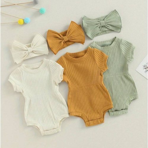 0-18M Baby Girl 2 Piece Outfits Solid Color Short Sleeve Romper With Bow Headband Set Summer Clothes | SHEIN USA