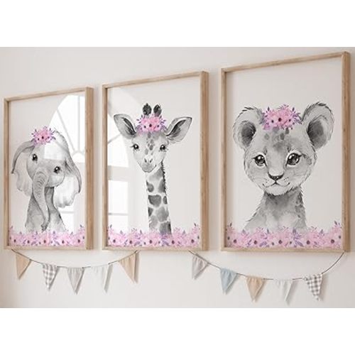 Safari Animals Baby Girls Nursery Set of 6 Unframed Wall Art Prints, Gray Baby Animals with Pink Flowers, Child Bedroom Nursery Decor Posters, Giraffe Elephant Lion Zebra Panda Koala (8x10)