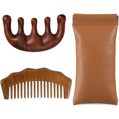 Wood Birthing Comb Set, Natural Sandalwood Labour Comb with Leather Storage Pouch, for Contraction Pain Relief, Scalp Massage, Face Lift Tools