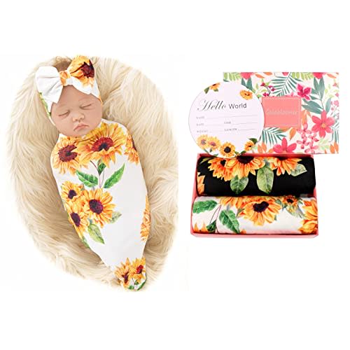 Galabloomer Baby Girl Newborn Receiving Blanket with Headband Set Baby Swaddle Nursery Swaddle Wrap with Card (White & Black Sunflower)