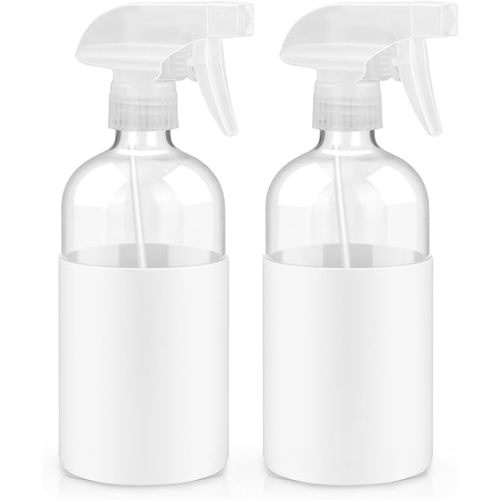 2 Pack Glass Spray Bottles with Silicone Sleeve, 16 oz Empty Refillable Containers with Adjustable Spray Nozzles, Spray Bottles for Hair, Cleaning Solutions and Plants White