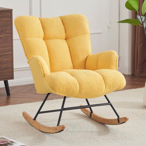 SAETSFEG Nursery Rocking Chair, Upholstered Glider Rocker with High Backrest, Comfortable Stylish Accent Armchair with Padded Seat, Yellow