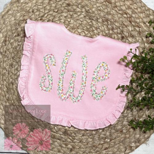 Monogrammed Ruffle Bib and Burp Cloth Set, Floral Applique
