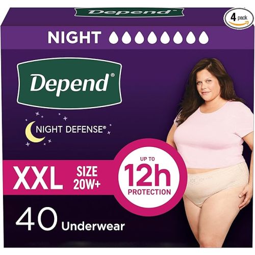 Depend Night Defense Adult Diapers, Incontinence & Postpartum Bladder Leak Underwear for Women, Disposable, Overnight, Extra-Extra-Large, Blush, 40 Count (4 Packs of 10), Packaging May Vary