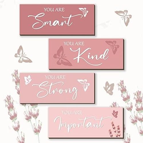 FENCORDAR 4 Pcs Butterfly Wall Decor Girls Room Decor Wooden Pink Wall Decor Positive Butterfly Wall Art Prints Inspirational Gift for Teen Girls Women Room Nursery Bedroom Bathroom(Pink, 10x4)