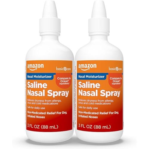 Amazon Basic Care Premium Saline Nasal Moisturizing Spray, Instantly Soothing Nasal Mist Nose Spray, Non-Medicated Relief, 3 fl oz (Pack of 2)