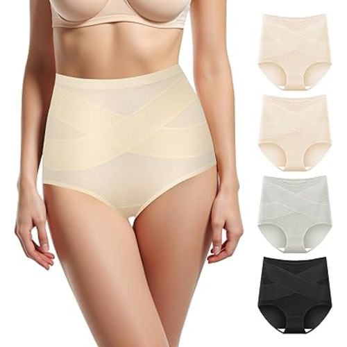Women's High Waisted Underwear Slightly Tummy Control Cotton Panties Full Coverage Postpartum Briefs 4 Pack