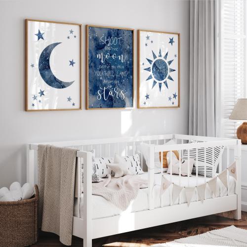 Celestial Nursery Decor, Shoot For The Moon Nursery Quote, Moon and Stars Nursery Art, Blue Watercolor Nursery Art Set of 3 Prints or Canvas