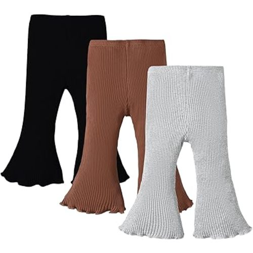SOBOWO Baby Girl Flare Pants 3 Pack Toddler Solid Ribbed Ruffle Bell Bottoms Pants Trousers Fall Outfits