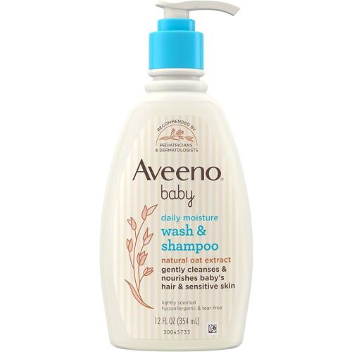 Aveeno Baby Daily Moisture Gentle Baby Body Wash and Shampoo with Oat Extract, 2-in-1 Baby Wash and Hair Shampoo, Tear-Free, Paraben-Free for Sensitive Skin and Hair, Lightly Scented, 12 Fl Oz