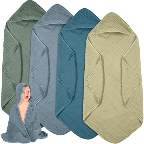 Peryiter 4 Pcs Muslin Hooded Baby Towels, 32"x 32" Cotton Newborn Bath Towel Muslin Infant Baby Blankets Absorbent Unisex Christmas Registry Gift Essentials for Girls Boys (Green Series)