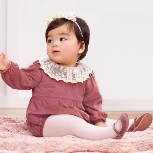 Baby Girl Velvet Romper – Mauve Long Sleeve Outfit with Lace Collar, Vintage Infant Bodysuit, Special Occasion Clothing