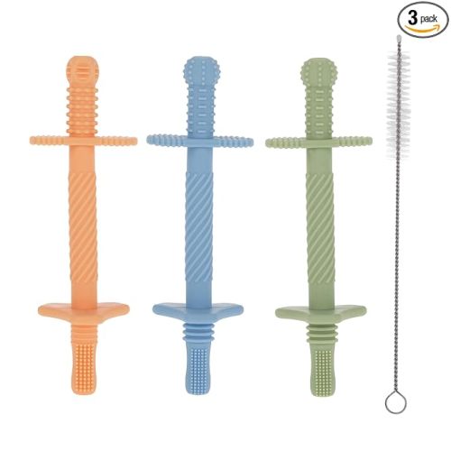 Nuby Sensory Silicone Tube Teethers - (3 Pack) Textured Infant and Baby Teether Toys - 3+ Months - Orange, Blue, and Green