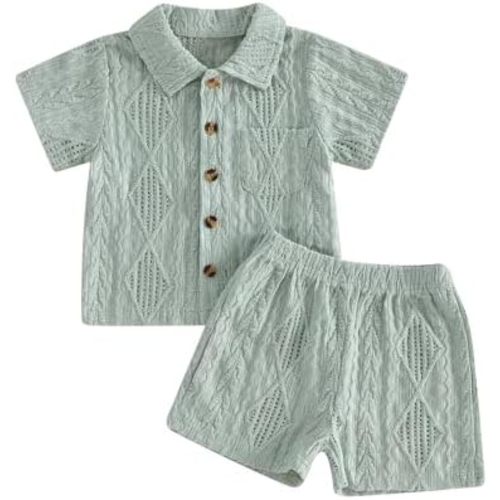 Thorn Tree Toddler Boy Outfit Button Down Shirt Short Sleeve Tops Elastic Waist Shorts Solid Baby Clothes Summer Outfits