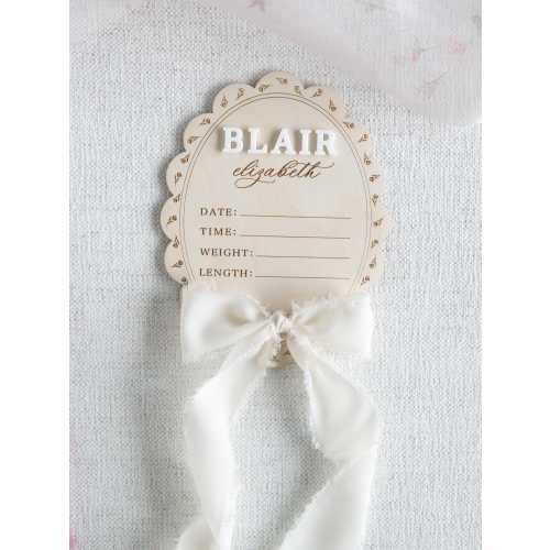 Floral Scalloped Baby Birth Statistic Sign: Engraved Wood Name Announcement Plaque with Chiffon Bow