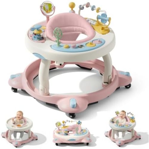 Baby Walker with Wheels, Foldable Baby Walker for Baby 6-12 Months, 3-Position Rotating Seat with Interactive Activity Center, Music Buttons, Baby Walkers for Boys Girls(Pink)
