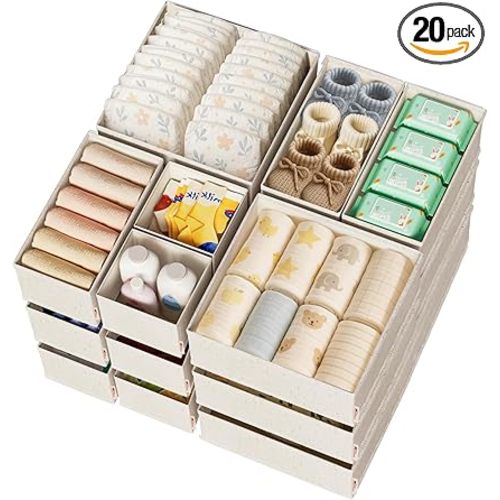 Cotton Linen Drawer Organizers for Baby Clothes, 20Pack Multi-Size Nursery Dresser Dividers for Clothes, Premium Foldable Storage Bins for Bedroom, Closet and Diaper Table, Beige