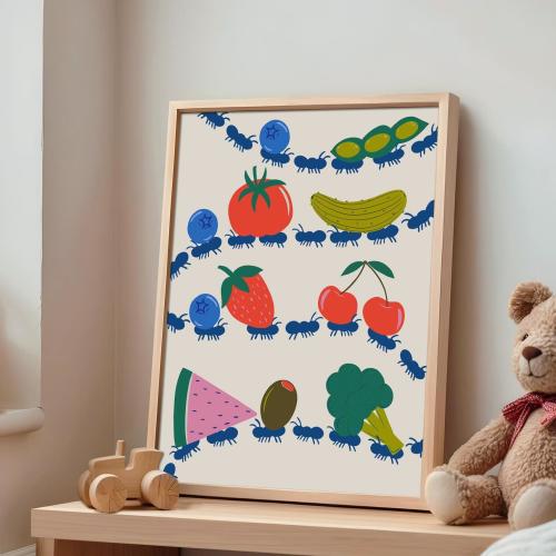 Ants and Fruit Kids Wall Art Print – Whimsical Bug and Fruit Nursery Decor | Cute Insect Artwork for Playroom, Toddler Room or Preschool