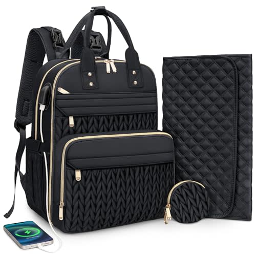 CandyHome Diaper Bag Backpack, Waterproof Stylish Baby Bag with Changing Pad, Large Capacity Travel Essentials Baby Diaper Bag with USB Port, Stroller Straps & Pacifier Case (Black)