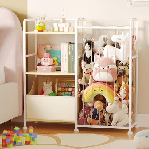 BBLIKE Stuffed Animal Storage - Stuffed Animal Net with Kids Bookshelf and Toy Organizer, 2-Tier White Bookshelf with Stuffed Animal Holder and Fabric Toy Chest for Kids Room, Playroom, Nursery, Beige