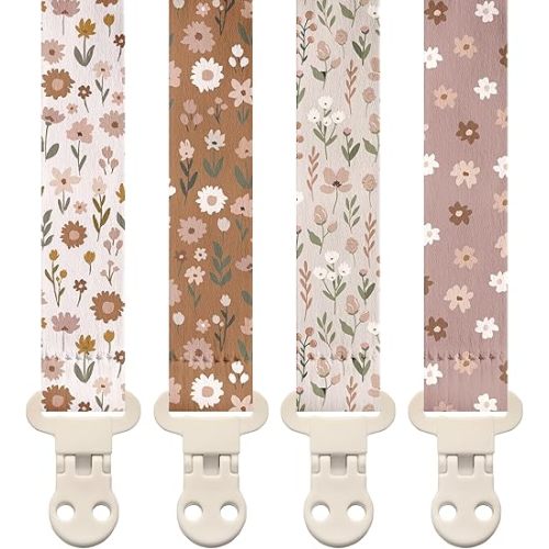 Stadela Baby Pacifier Clip Holder - Girl or Boy Unisex 4 Pack Gift Set – Boho Modern Neutral Floral Beige Yellow Brown Colors (Flora)