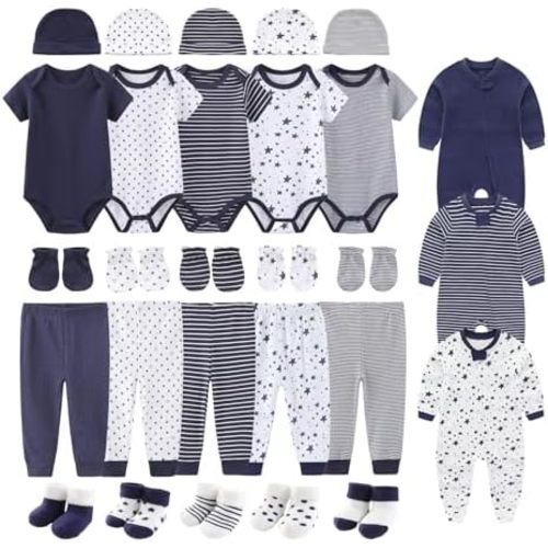 28Pcs Baby Layette Set Rompers Bodysuits Pants Socks Mittens Hats