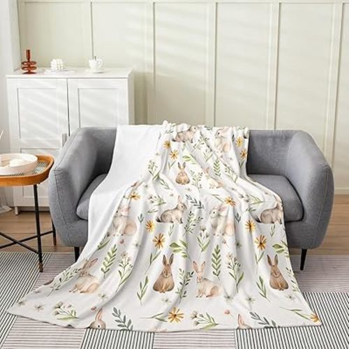 Feelyou Cute Rabbit Plush Throw Blanket, for Girls Boys Kids Baby 30"x40" Happy Easter Flannel Fleece Blanketative Easter Bunny All Season,Bed Blanket Floral Botanical Print