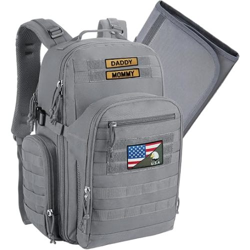 MIRACOL Dad Diaper Bag Military - Tactical Baby Backpack with Changing Pad for Outdoor Baby Care - Water-Resistant Fabric & MOLLE System Ideal for Travel Hiking Parks Grey