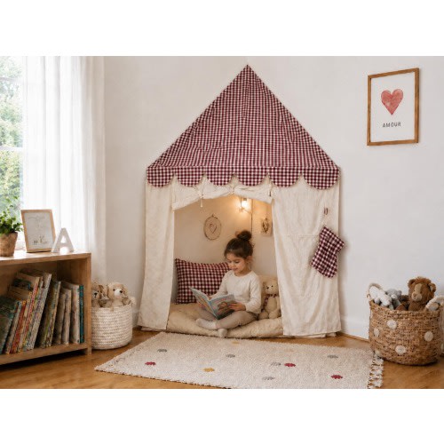 Burgundy Gingham Kids Reading Nook Tent, Corner Play Tent for Kids Room, Cozy Reading Corner Canopy, Montessori Nursery Decor