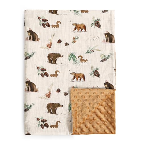 david's kids Muslin Minky Baby Blanket for Boys with Muslin Cotton Front and Dotted Fleece Backing, Breathable and Soft Lightweight Receiving Blanket for Newborns, 30x40 Inches, Woodland Animals