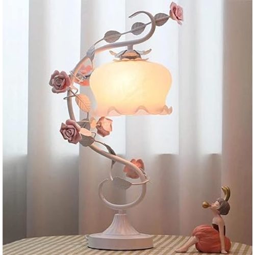 TFCFL Rose Flower Table Lamp, Stained Glass Desk Light, Elegant Plug-in Bedside Light With E26 Bulb Base 60W Max for Bedroom (White)