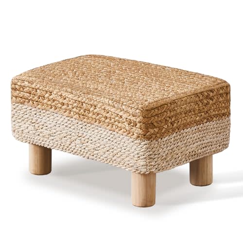 Wimarsbon Natural Seagrass Footstool Ottoman Rectangular Footrest Pouf Ottomans with Wooden Legs Hand Weave Step Stool for Living Room Bedroom Entryway White