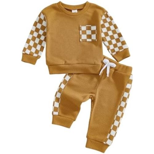 allshope Toddler Baby Boy Fall Outfit Checkerboard Patchwork Long Sleeve Sweatshirt Elastic Waist Pants Newborn Clothes Set