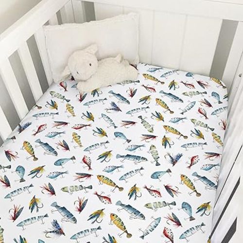Watercolor Lures Flys Baby Crib Sheets for Boys Girls Fishermen Lures Hooks Soft Snug Fitted Crib Mattress Covers for 52''x28'' Standard Crib & Toddler Mattress Fishing Lovers Gift Baby Bed Sheets