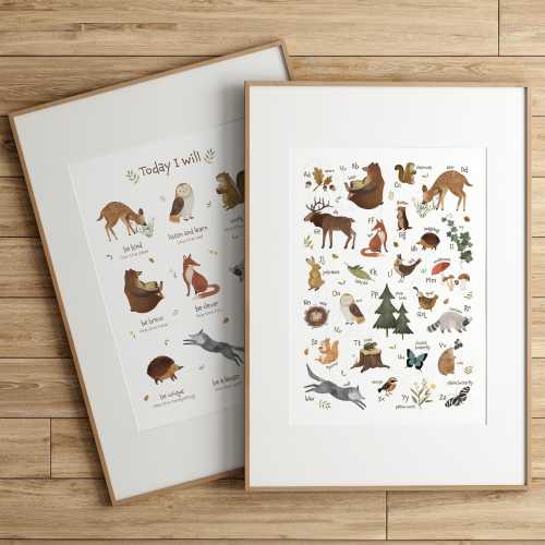 Woodland Nursery Prints Set 3, Educational Alphabet and Numbers Posters Bundle with Forest Animals, Montessori Wall Art