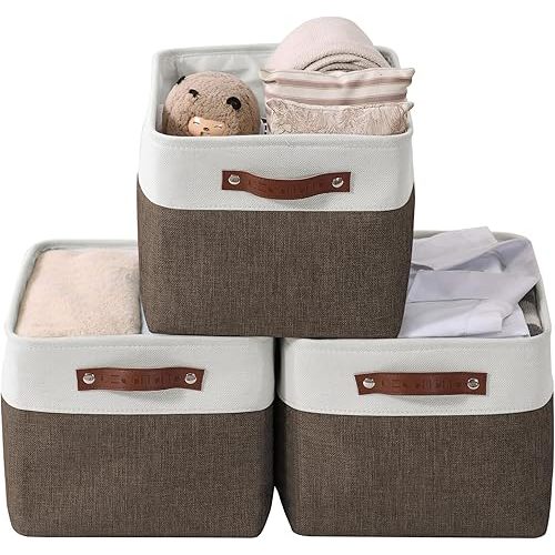 DECOMOMO Storage Bins Fabric Storage Baskets for Shelves, Linen Closet Organization Toys Nursery (Brown and White, Large - 3 Pack)